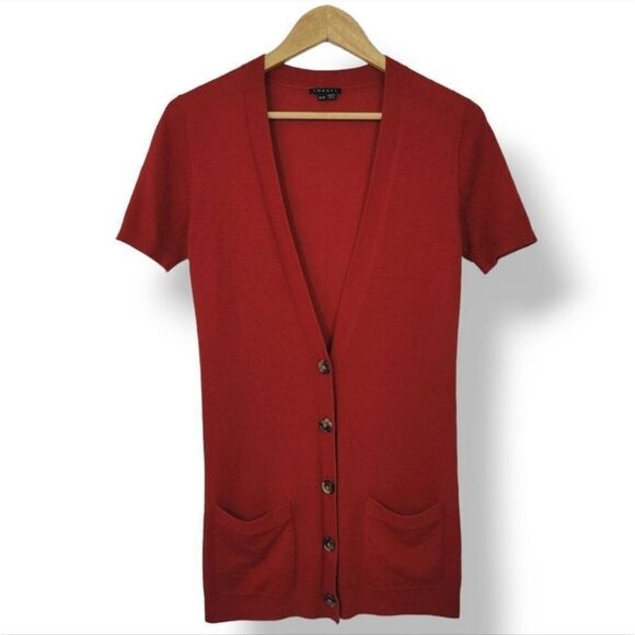 Theory Gwyneth Cashmere Button Down Short Sleeve Cardigan in Red Size P/0 - Picture 13 of 14